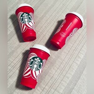 Starbucks - 2024 - Holiday - Red Cup Day - Red and White - 3 Cups w/ Lids